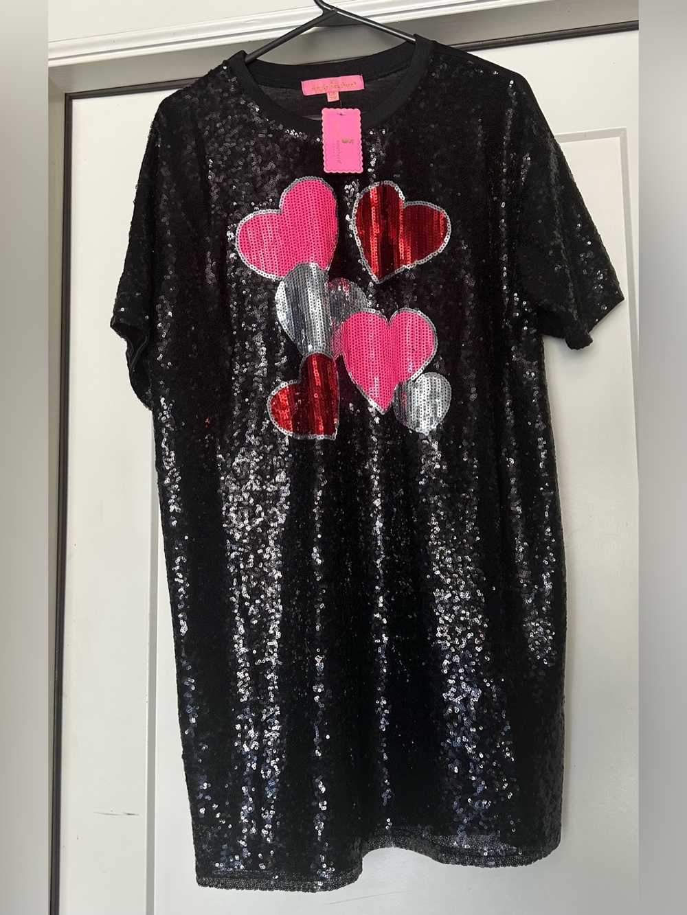 Simply southern Sequin Black Heart Shift Dress — Pink, Red & Silver Hearts